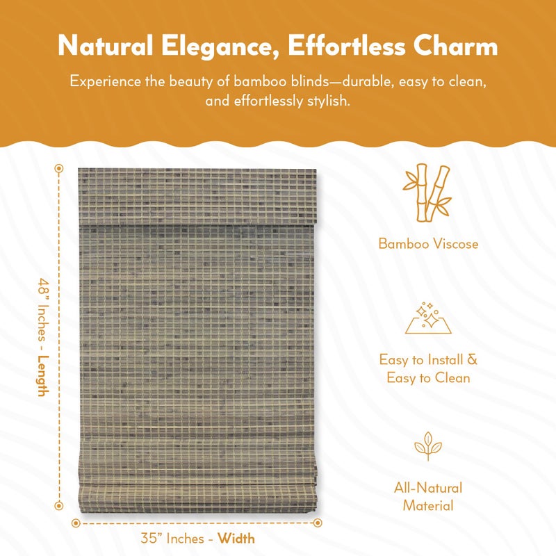 Radiance Cordless Bamboo Roman Shades for Windows - Flatweave Bamboo Blinds for Reduce Bright Light - Easy to Lift & Fold Up Window Shades - Driftwood - 35 in. W x 48 in. L - (02208870E) - Image 2
